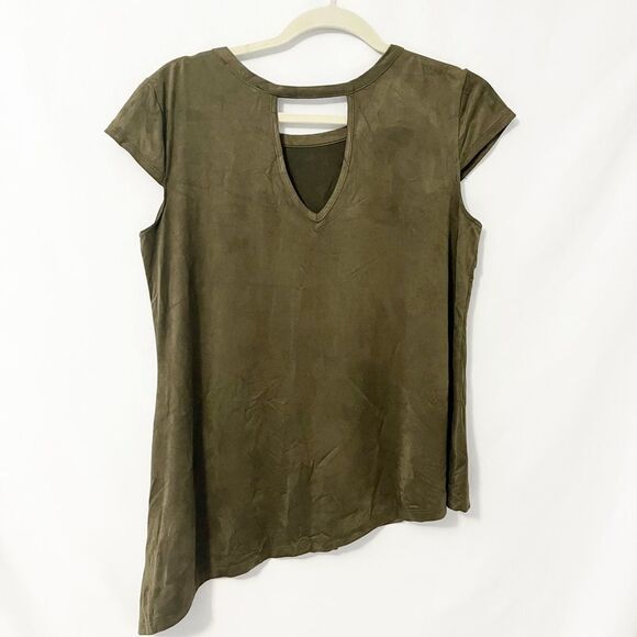 Mandy Evens Olive Suede Asymmetric Short Sleeve Top Size M - Picture 3 of 4